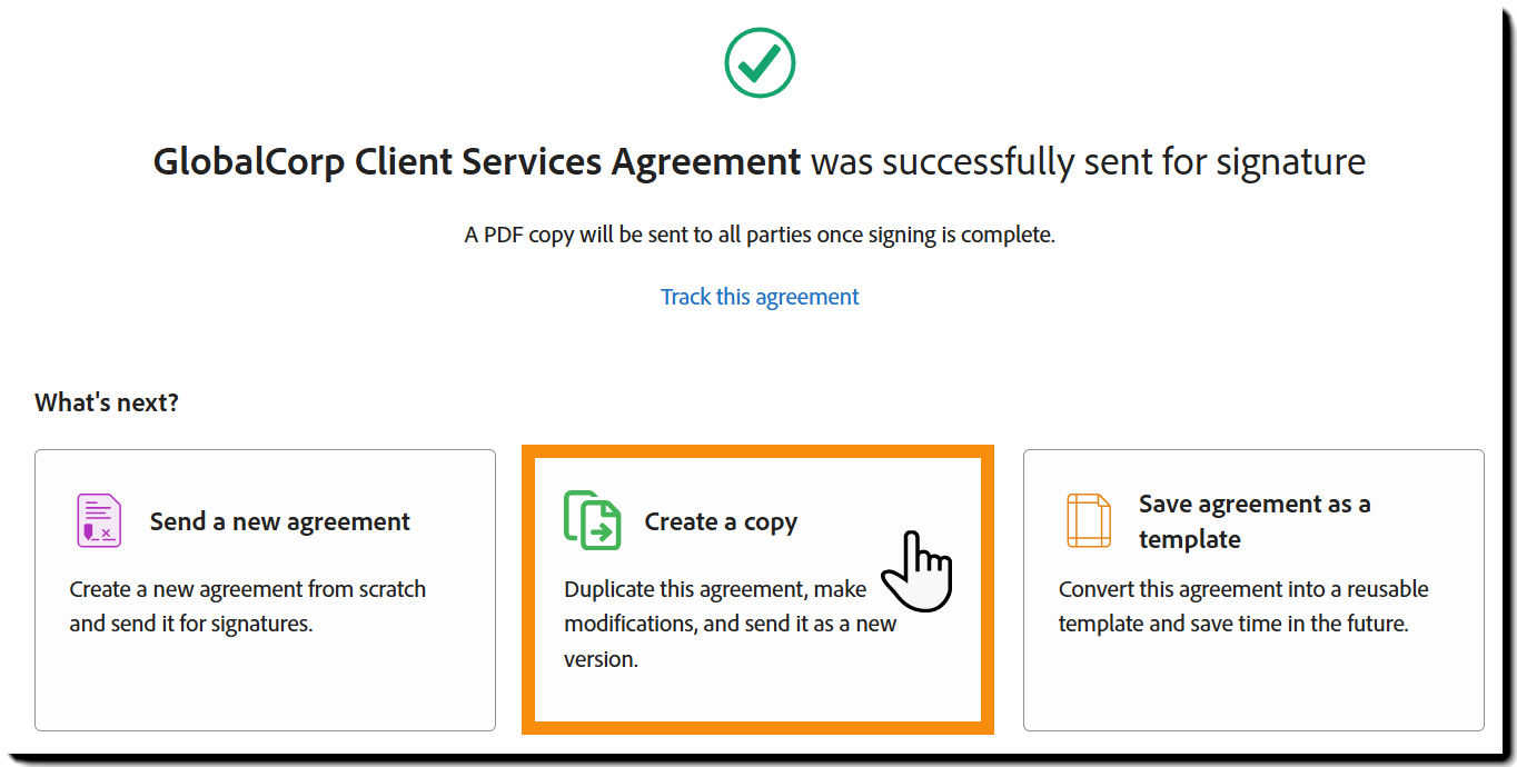The "Post send" page with the "Create a copy" tile highlighted.