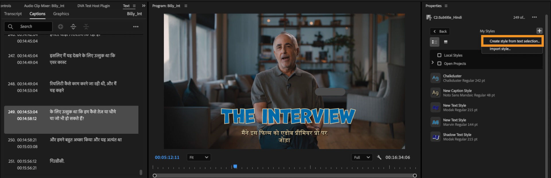 UI shows 'Create style from text selection' highlighted in the Essential Graphics panel.