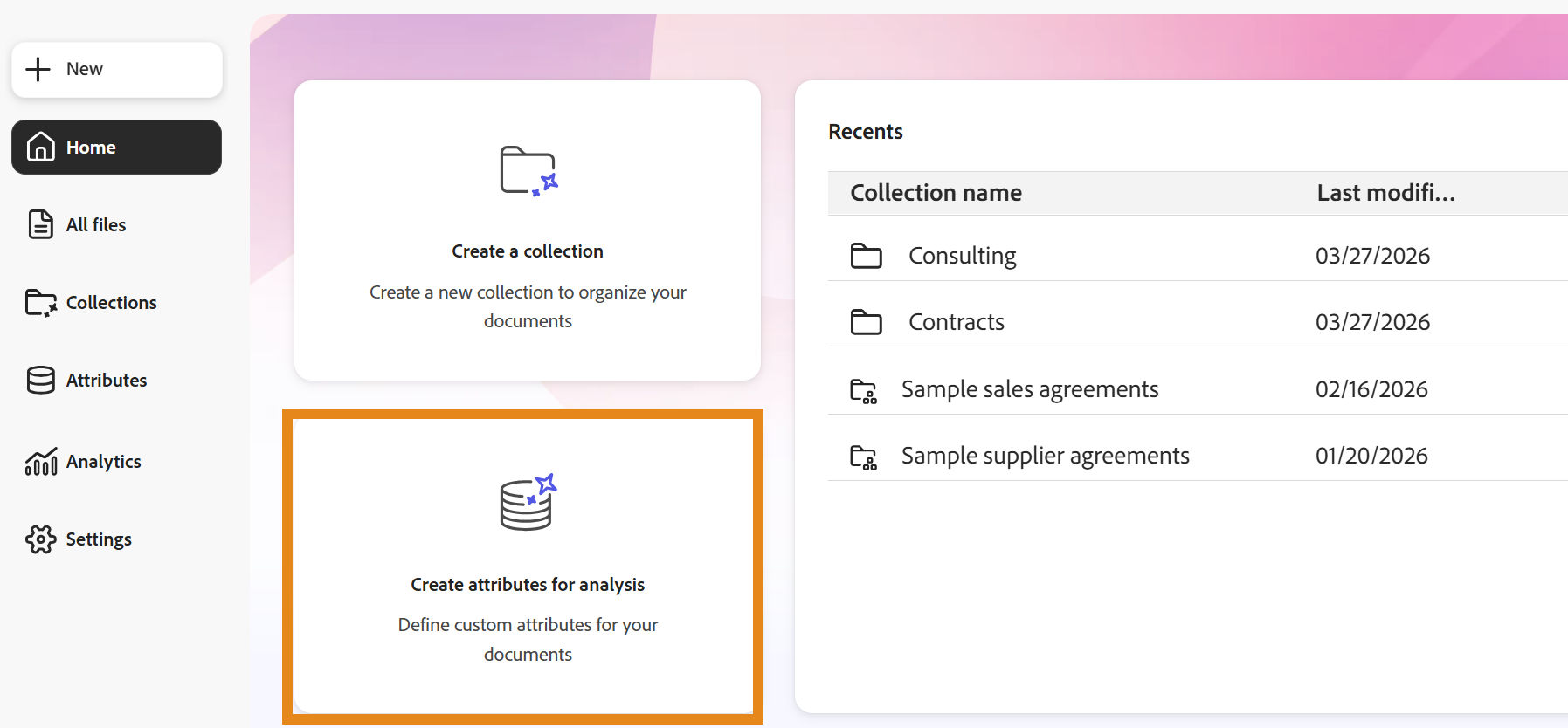 Analyzer Home page showing the Create attributes for analysis tile.