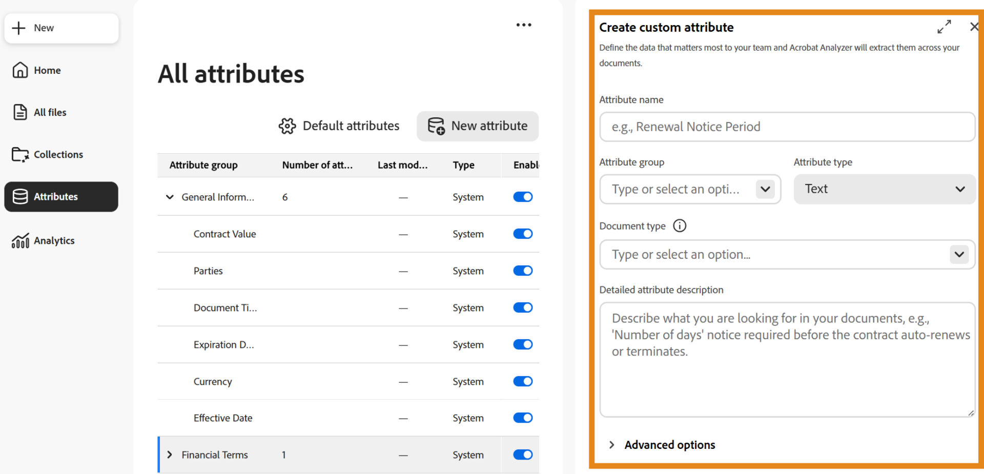 Custom attribute configuration panel showing fields used to define an attribute.