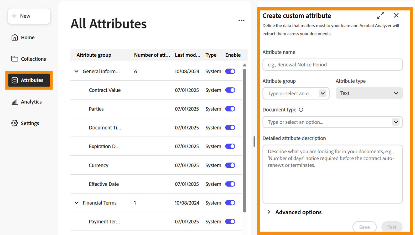 The attributes page with the "Create custom attribute" panel exposed.