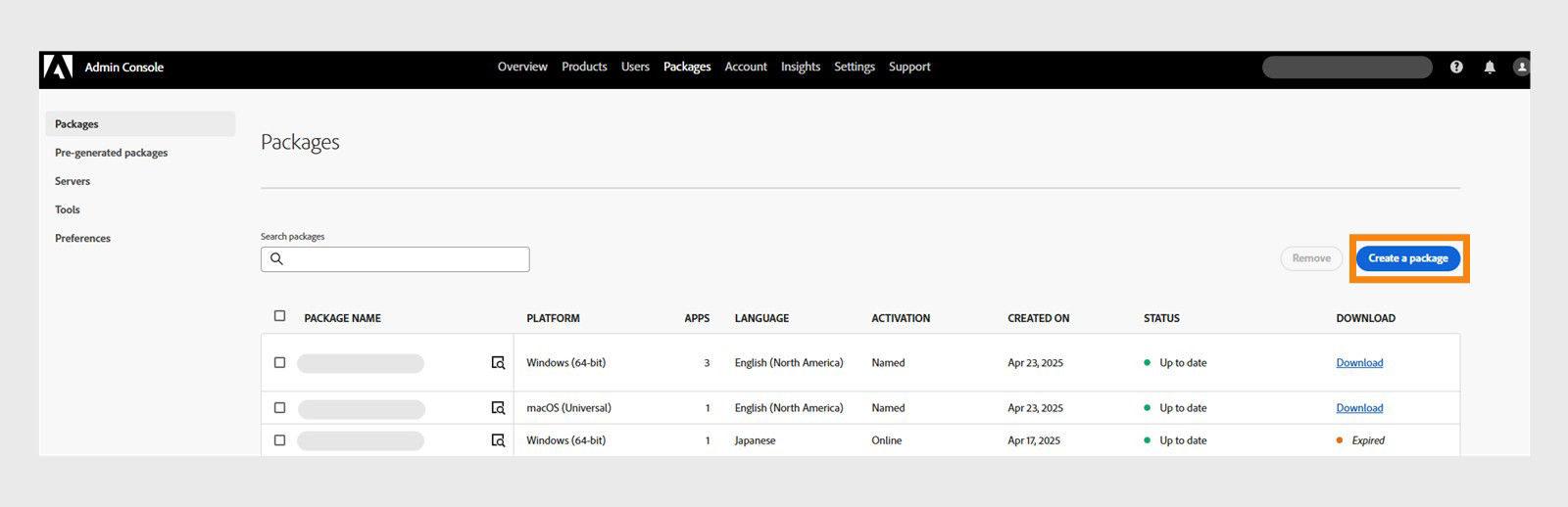 This image describes how to create a package in admin console