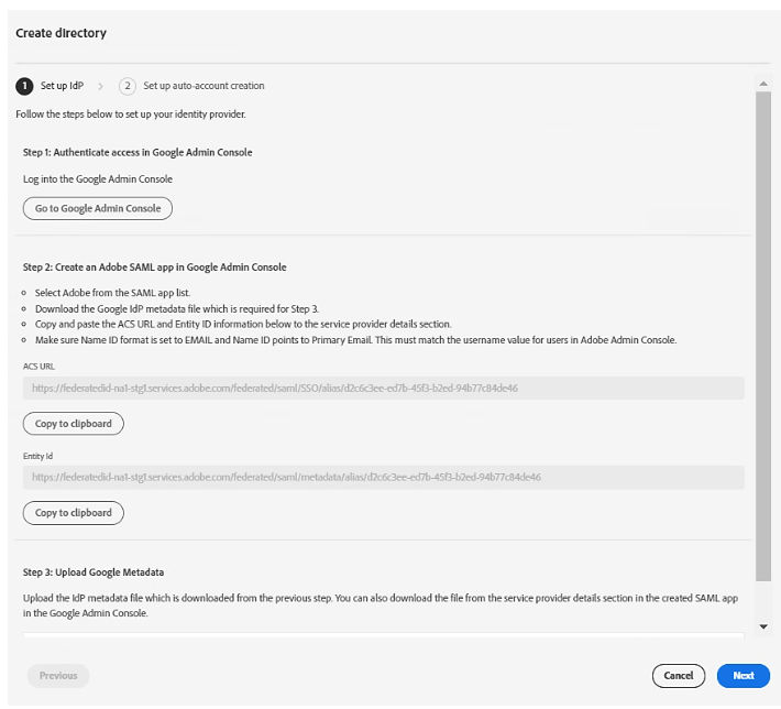 Create Adobe SAML app in Google Admin Console