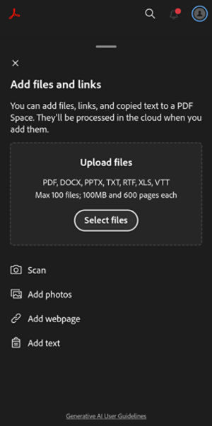 Create PDF Space page with options to add Recent files, files from the device, Adobe cloud storage, other cloud storage, web pages, along with options to add photos and web pages.