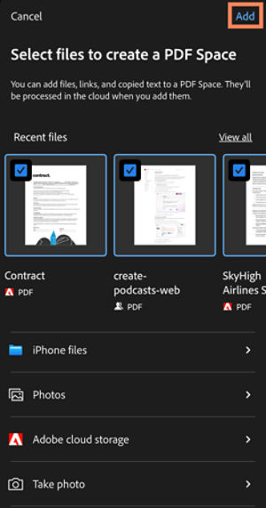 Create PDF Space page with options to add Recent files, files from the device, Adobe cloud storage, other cloud storage, web pages, along with options to add photos and web pages.