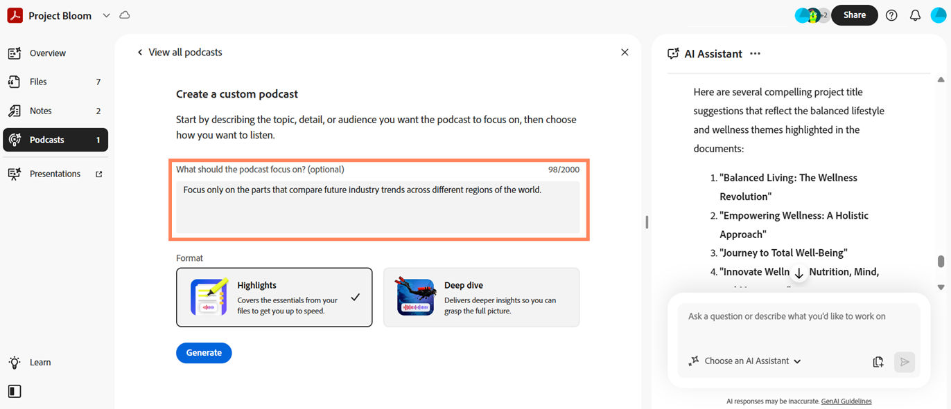Create a custom podcast dialog in PDF Spaces showing a custom prompt field and format options for generating a tailored podcast.