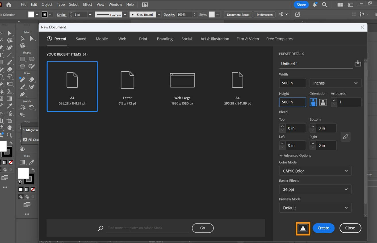 Create a new document dialog box in Adobe Illustrator with 500 inches height and width showing a warning sign as the size is more than the default size of 227 inches.