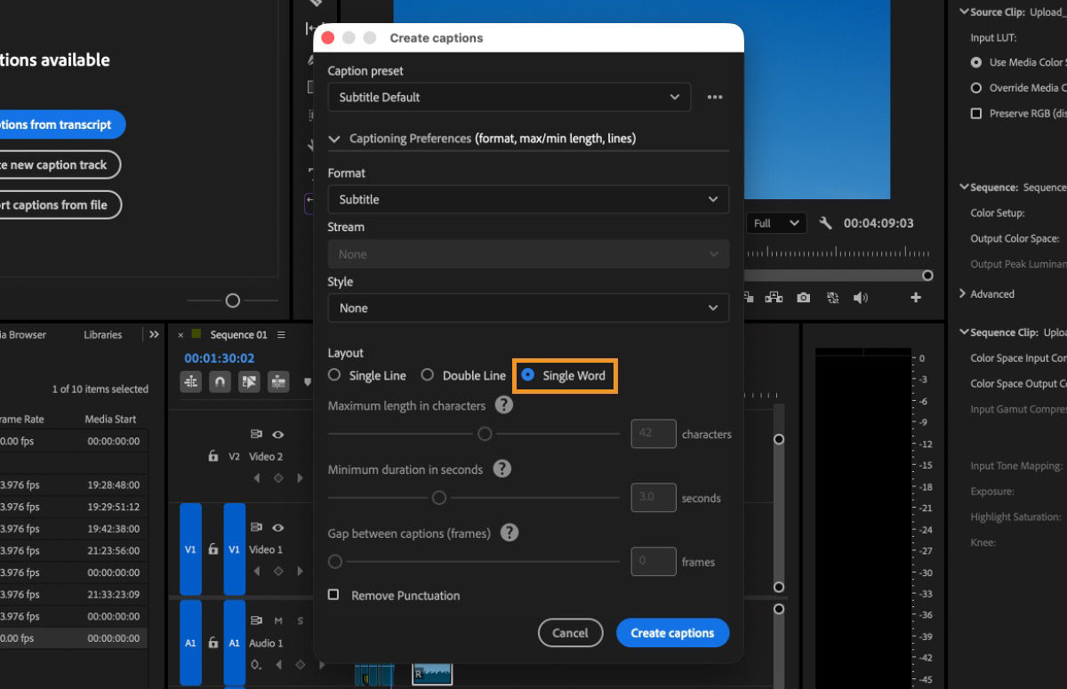 Create captions dialog with Single Word layout selected in the caption settings.