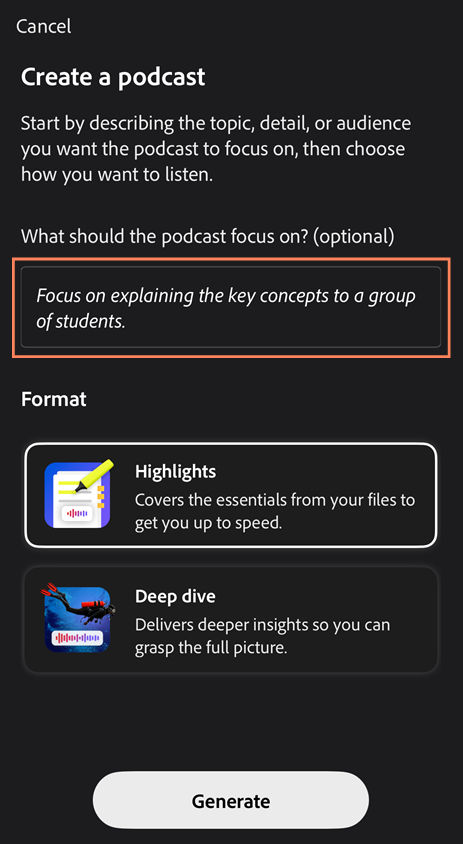 Create podcast page in a PDF Space showing a topic prompt, format options such as Highlights or Deep dive, and the Generate button.