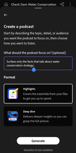 Create podcast screen in a PDF Space showing a topic prompt, format options such as Highlights or Deep dive, and the Generate button.