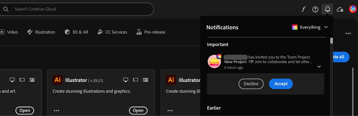 Creative Cloud application is open and under Notifications, there in an invite for collaboration with Team Projects.
