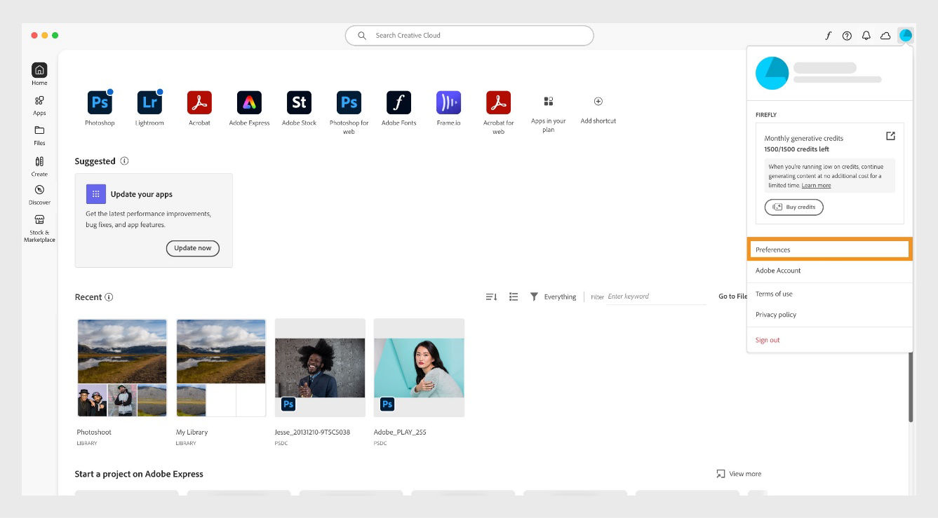 Creative Cloud desktop app window displaying Preferences option within the context menu.