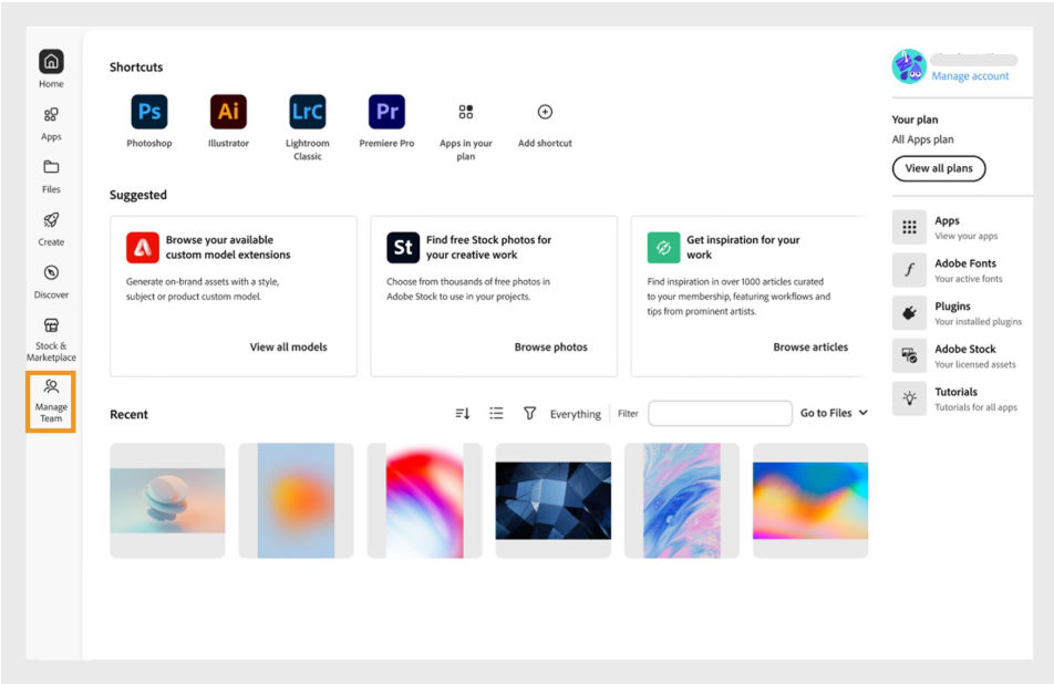 Creative Cloud desktop app with the Manage Team option highlighted in the navigation pane.