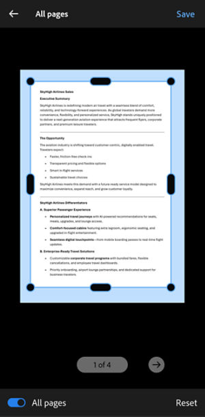 Crop tool in Acrobat on Android showing a resize frame around a PDF page, with options to apply the crop to all pages, save changes, or reset.