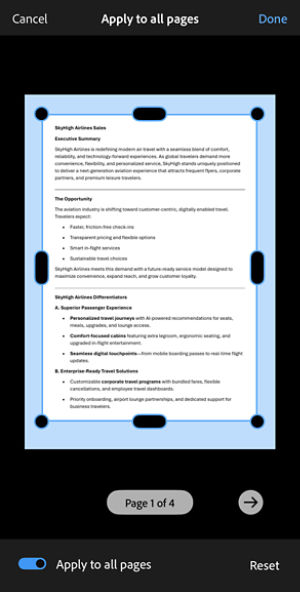 Crop tool in Acrobat on iOS showing a resize frame around a PDF page, with options to apply the crop to all pages, save changes, or reset.