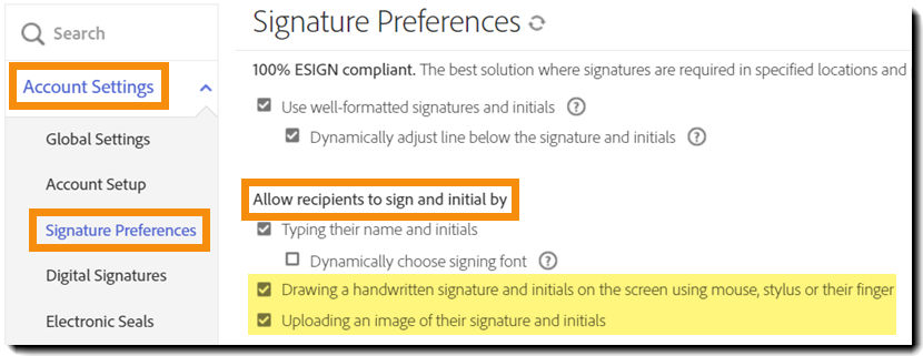 The Signature Preferences admin menu showing the allowed signature types.