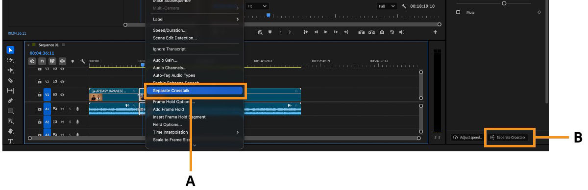 The Clip menu is open and the Separate Crosstalk option is selected and the same option is highlighted in the Properties panel as well.