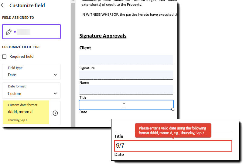 A text field defined with aDate validation showing an example date