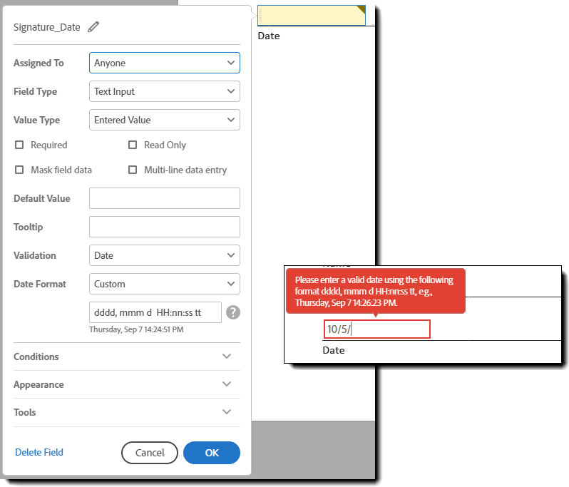 A text field defined with aDate validation showing an example date