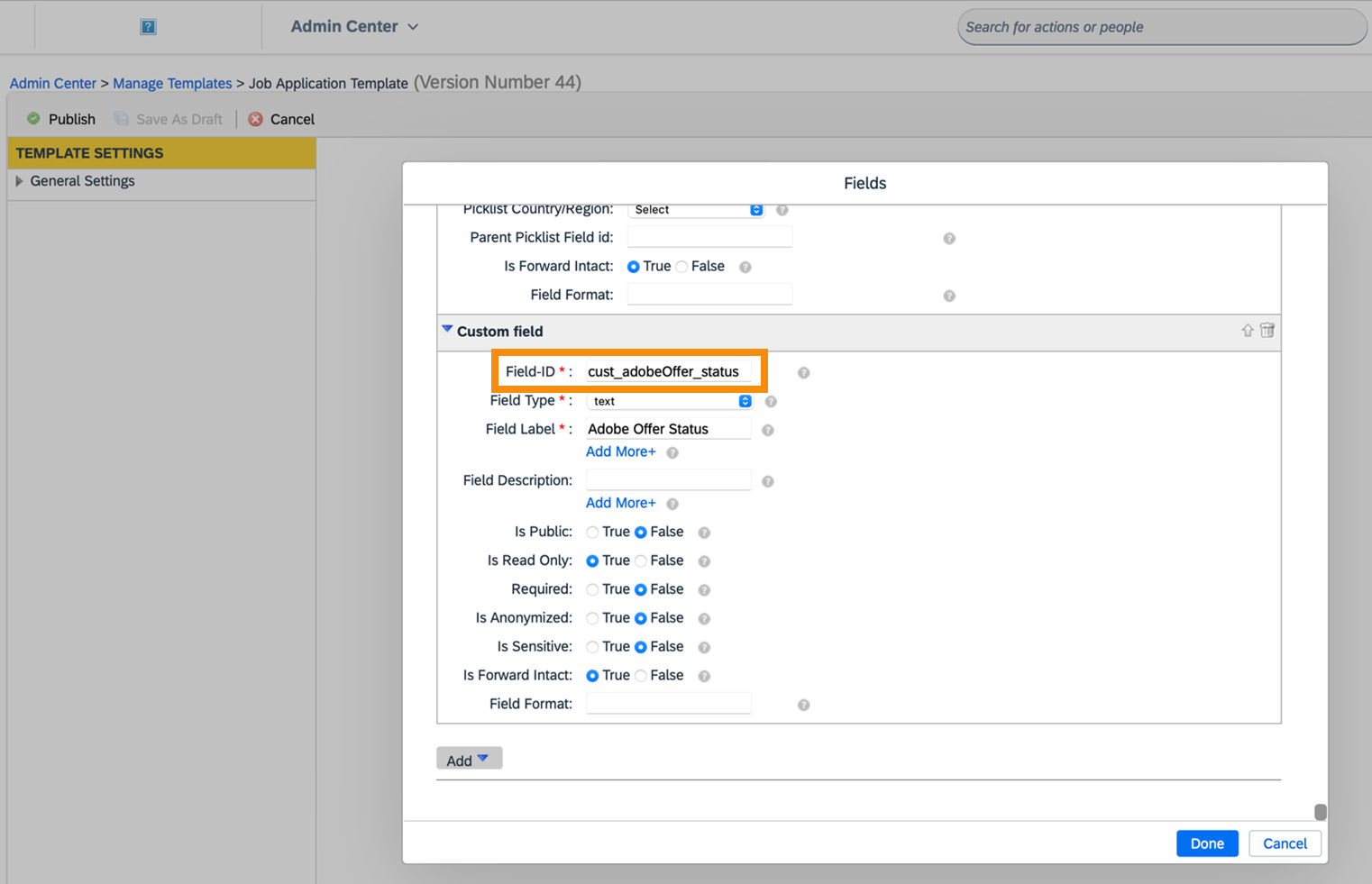 The Template Settings page with the custom Field ID value highlighted.