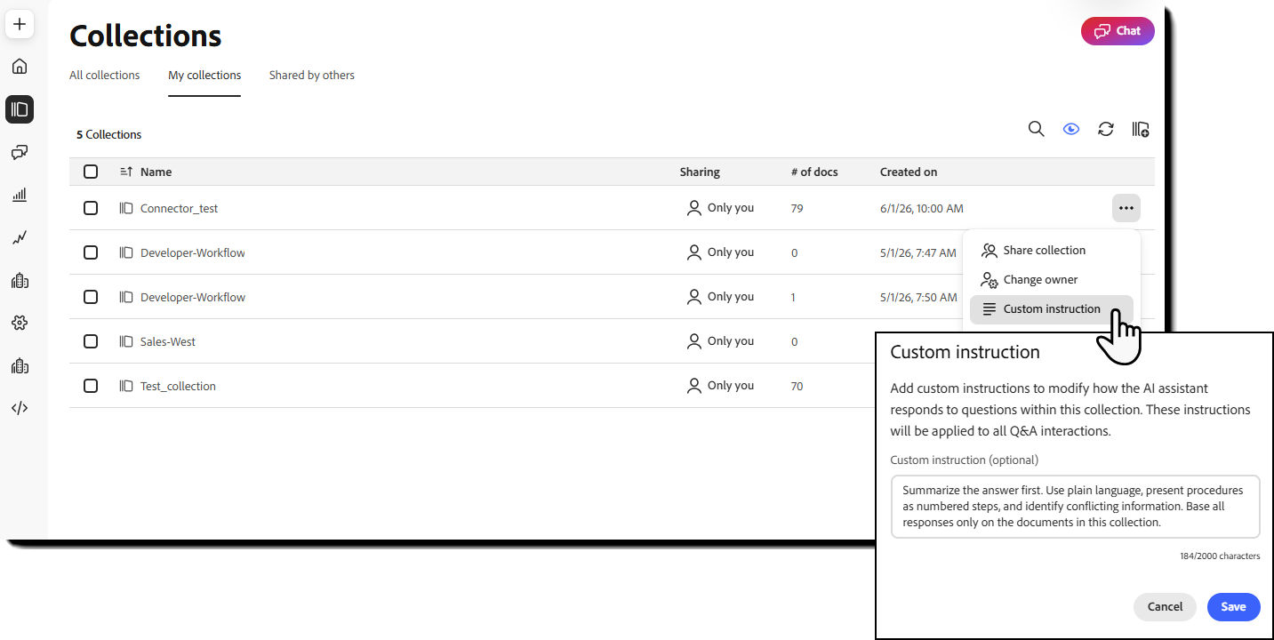 Collection settings showing the Custom instruction field.