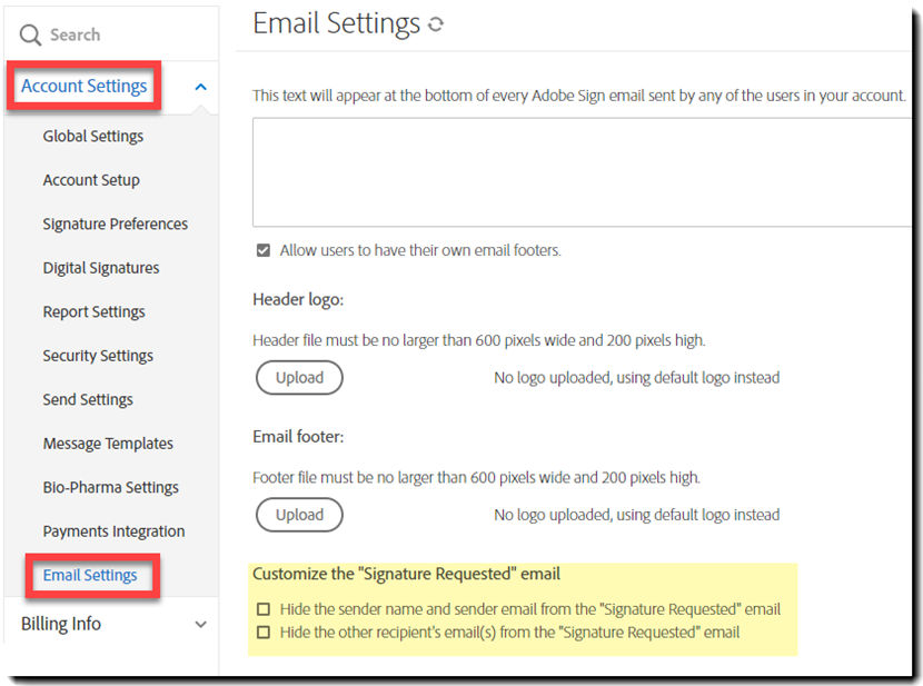 Navigate to the "Customize the Signature Requested email" settings