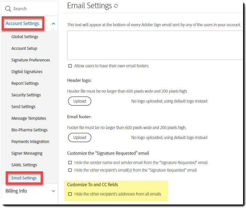 Controls to suppress TOP and CC'd emails in email headers