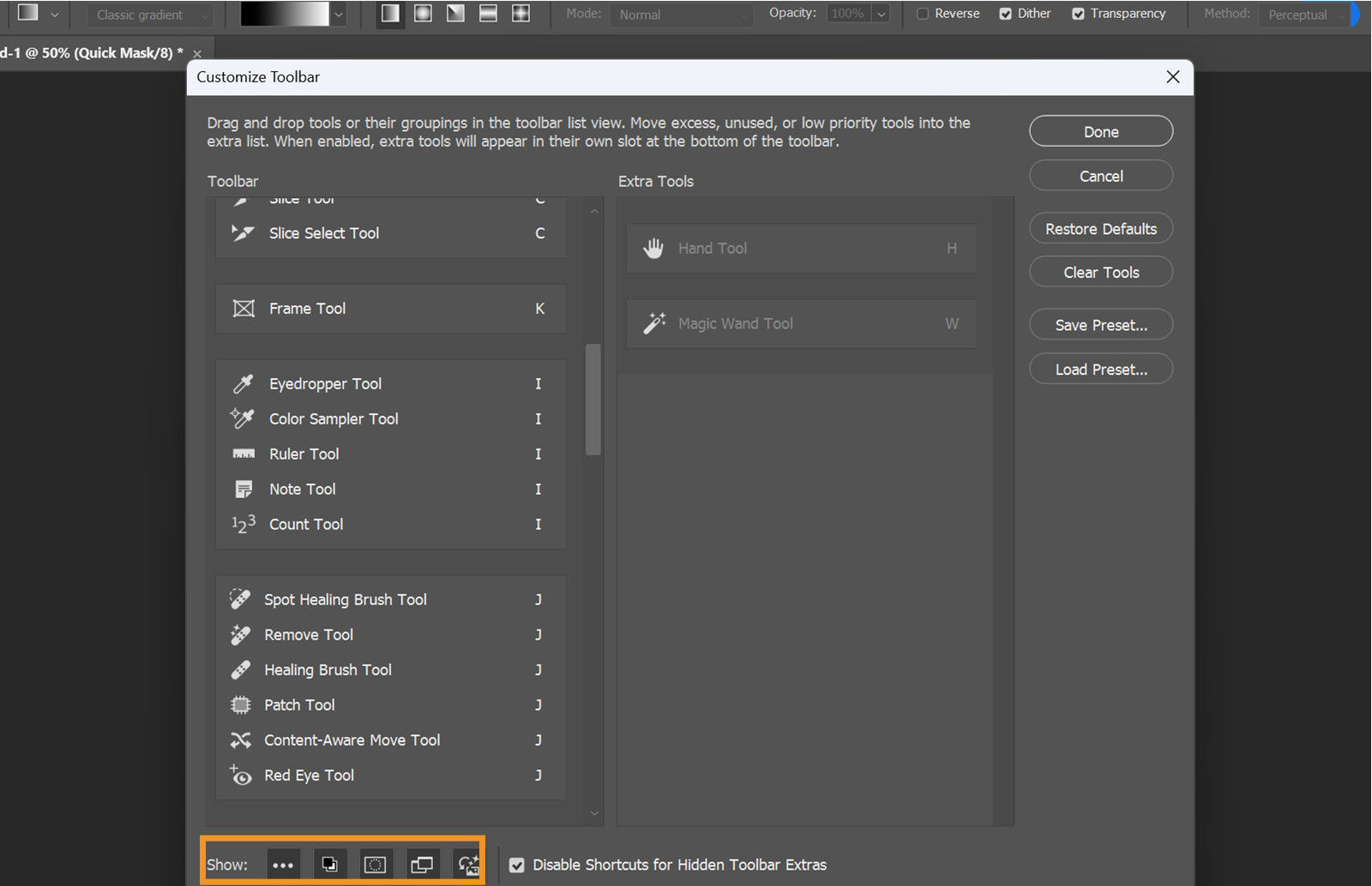 Customize Toolbar dialog box with tools in Toolbar and Extra Tools sections, highlighting configuration icons in the Show section.