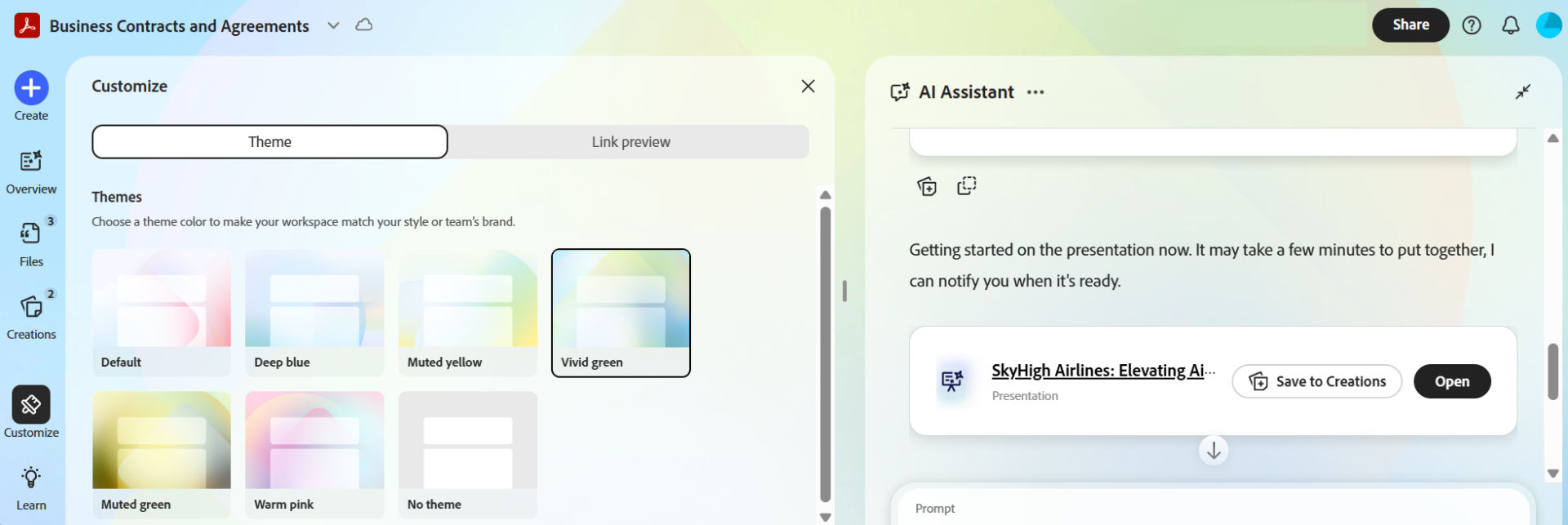 Customize panel showing theme options with “Vivid green” selected, alongside AI Assistant panel generating a presentation in a Business Contracts and Agreements workspace.