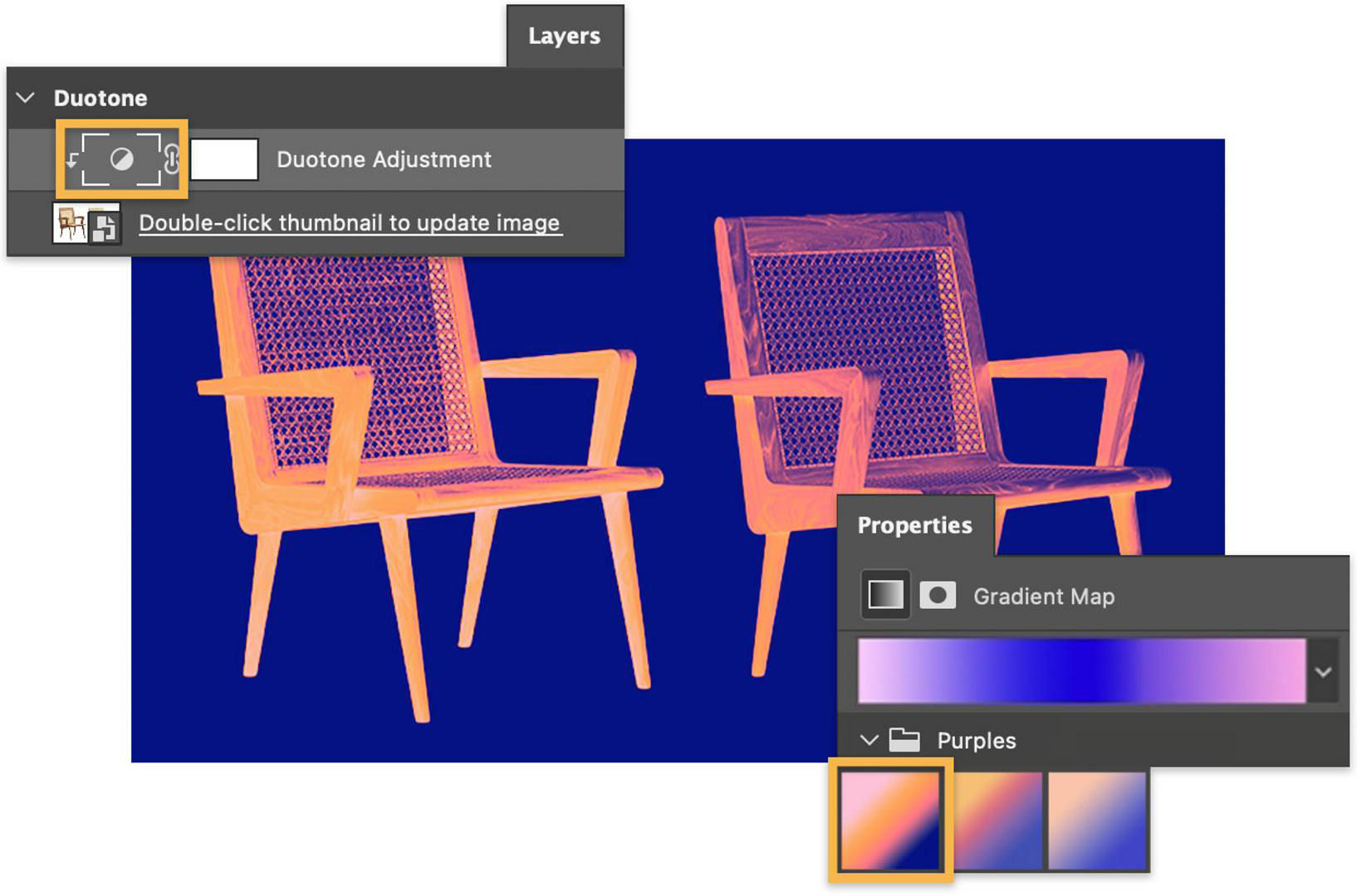 Customize the colors of the business card using the Duotone Adjustment layer.
