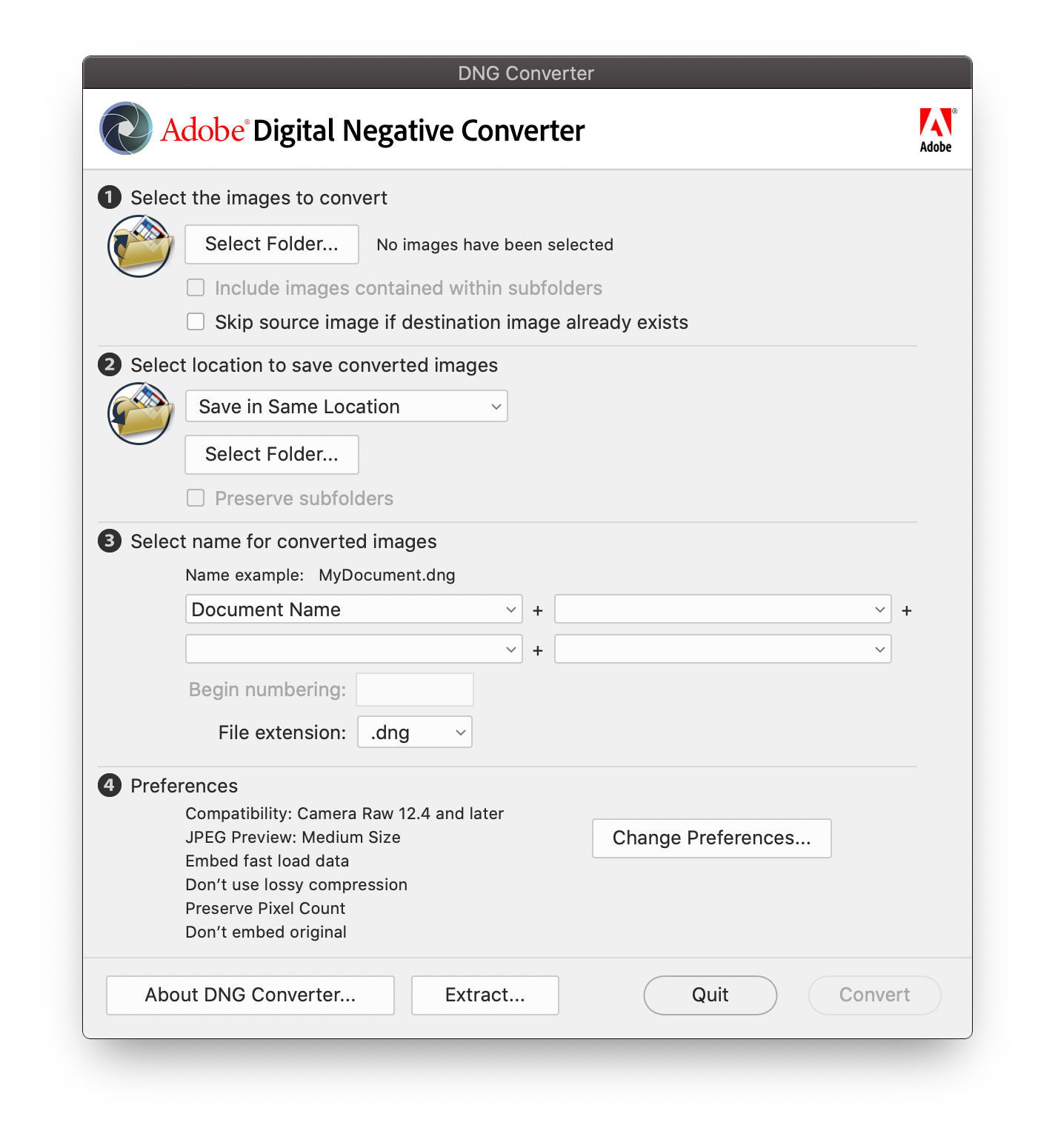 Adobe DNG Dönüştürücü iletişim kutusu