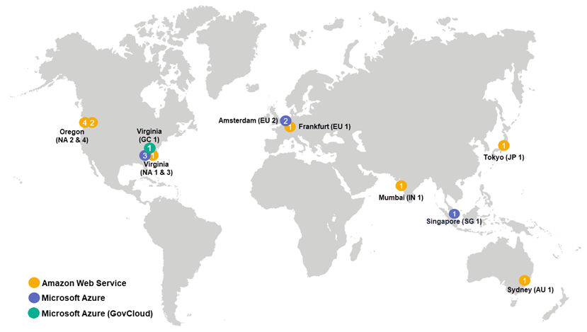 World map showing the location of the several data centers