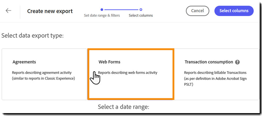 Data Export page highlighting the Web Form tile