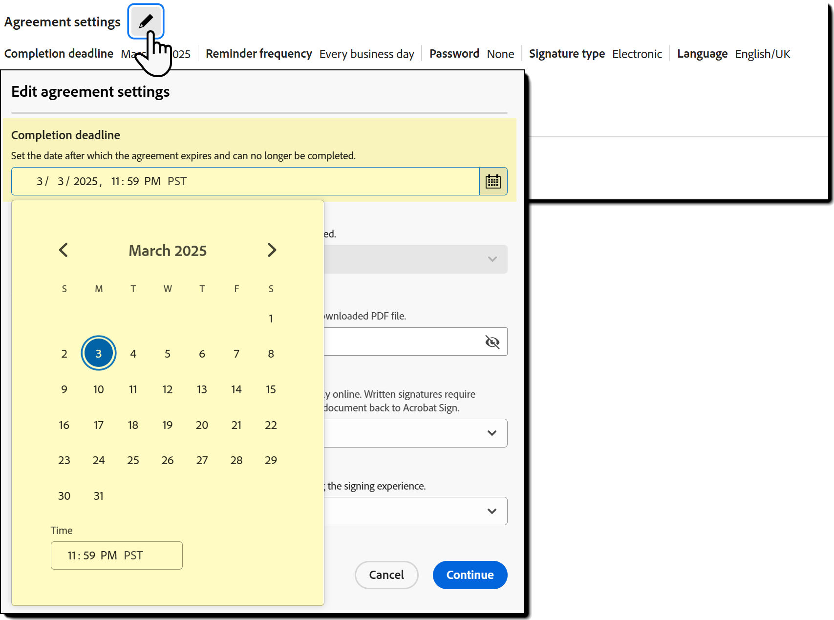 The "Agreement settings" section of the Request Signature page highlighting the Completion Deadline setting.