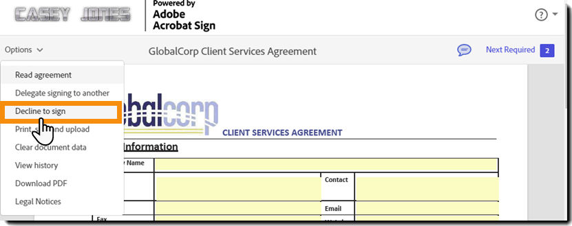 The "e-sign" page with the "Options" menu expanded and the "Decline to sign" option highlighted.