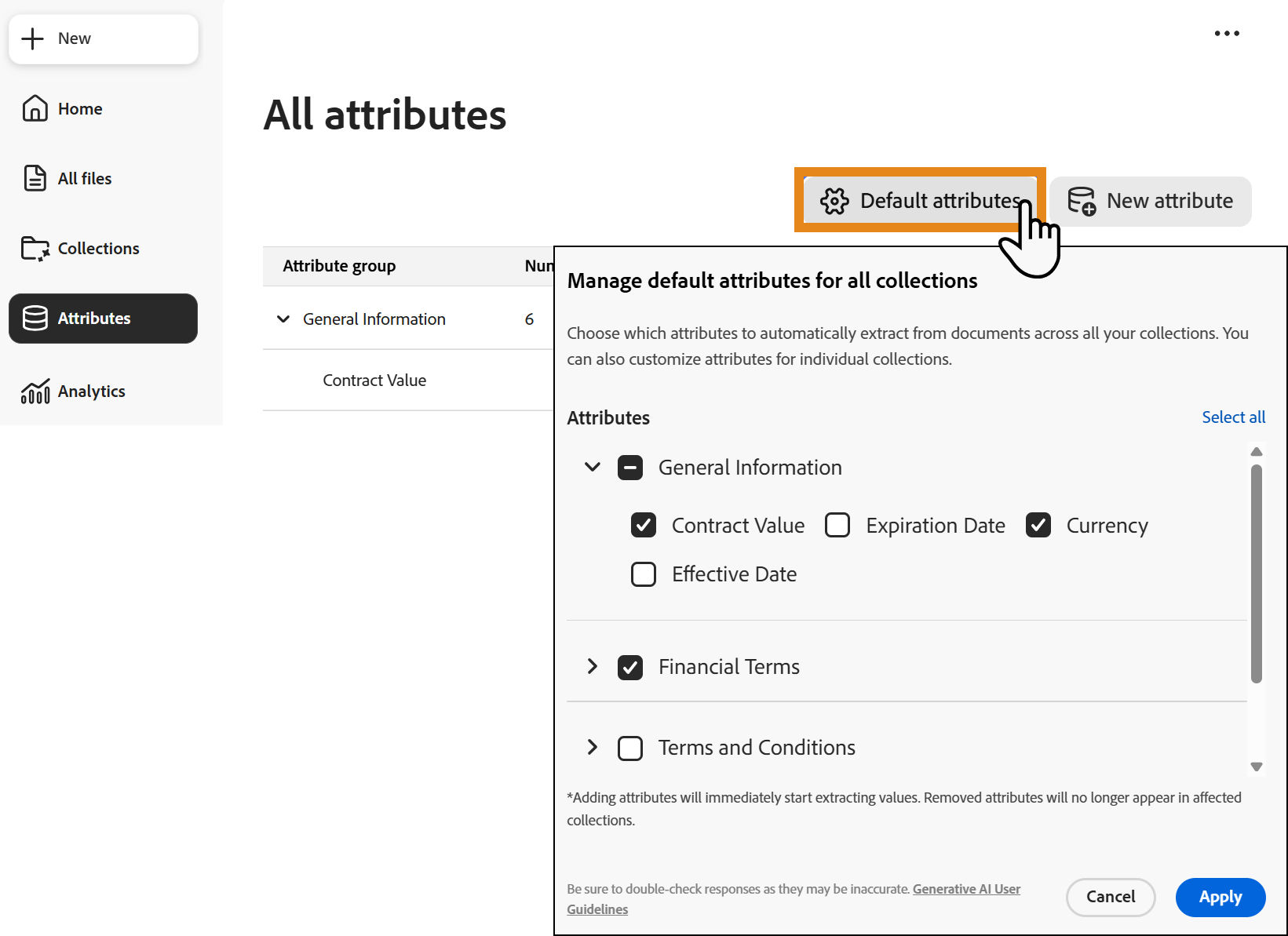 Manage default attributes panel with attributes selected to apply automatically to new collections.
