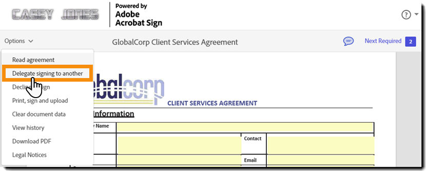 The e-sign page with the Options menu expanded and the "Delegate" option highlighted.