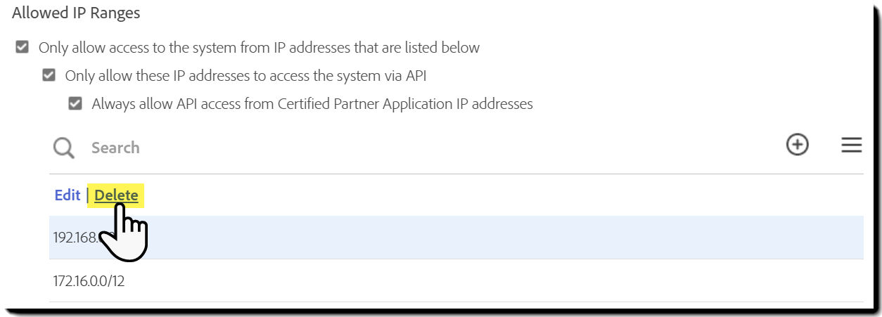 The Allowed IP Ranges control with the Delete action highlighted
