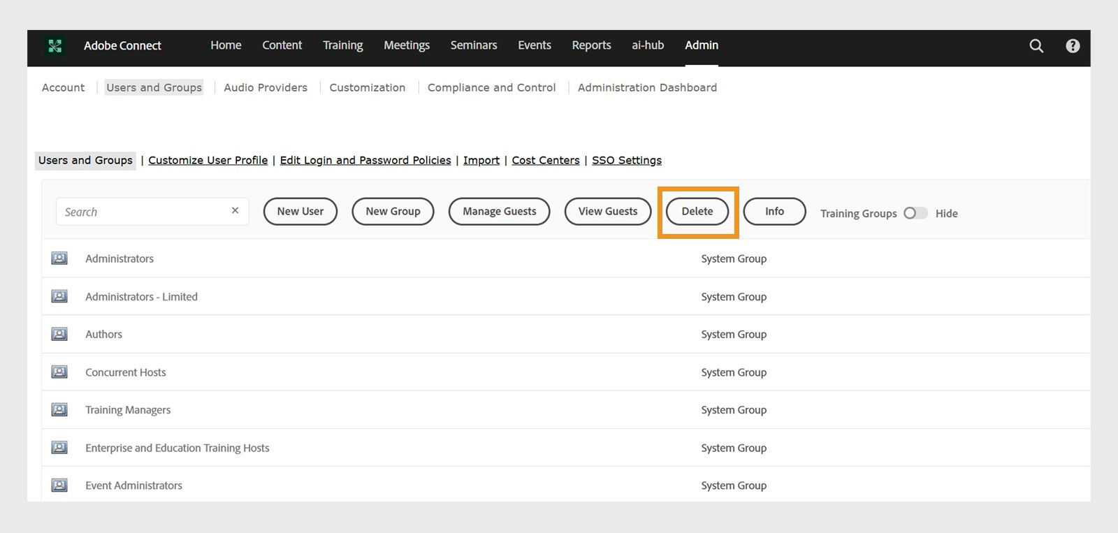Users and Groups tab showing the options to delete a group