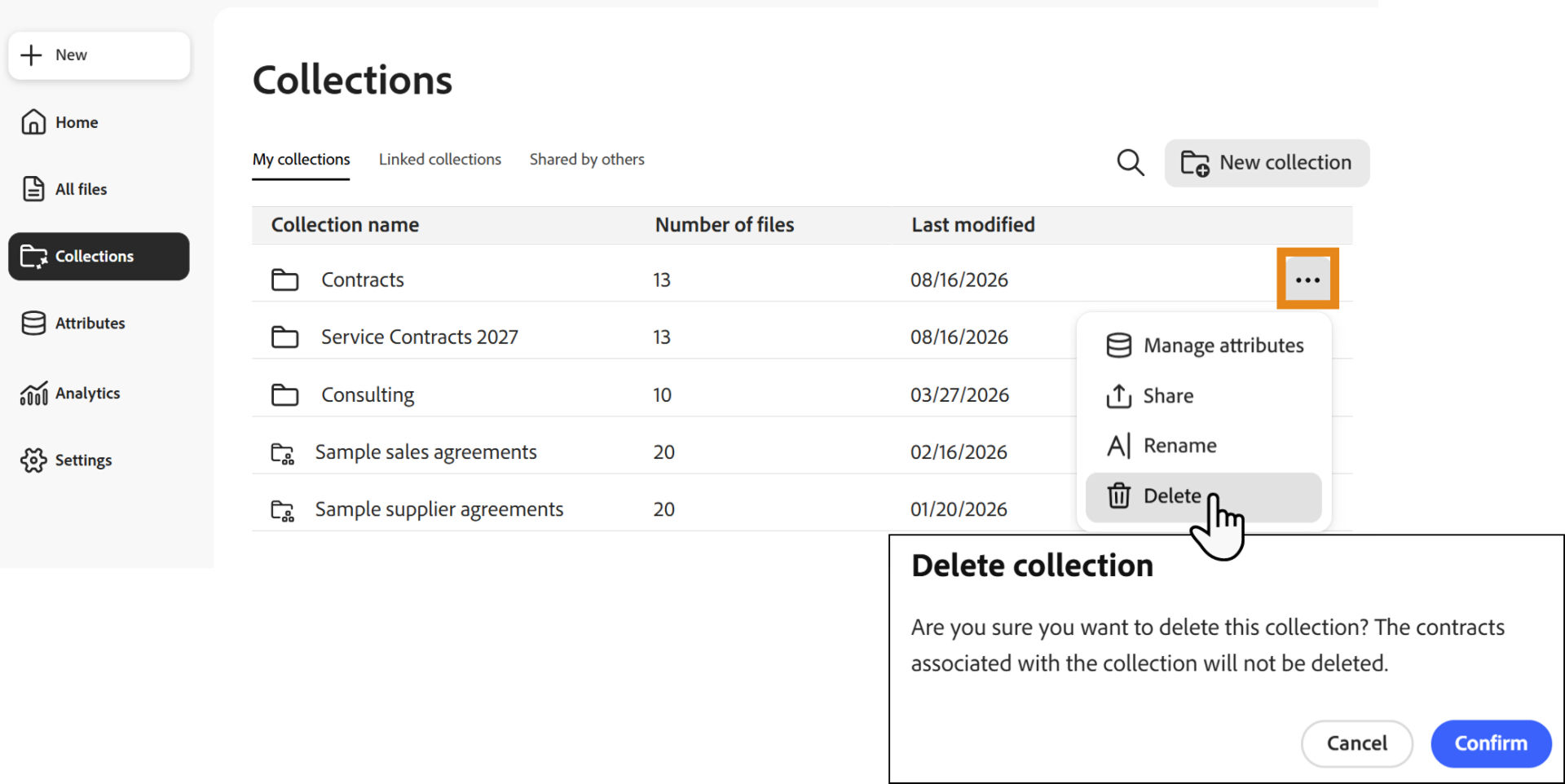 The Collections list page with the menu expanded and Delete highlighted.