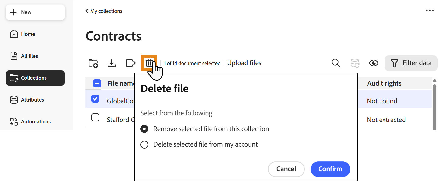 The collection list of files with the Delete button highlighted