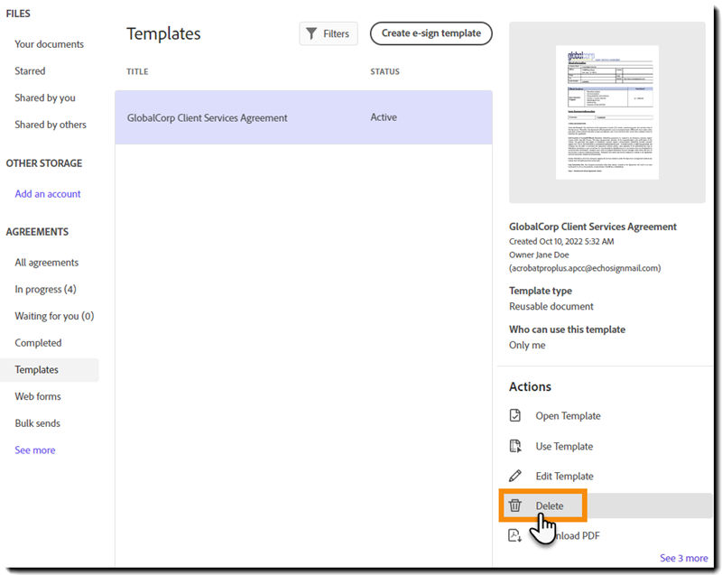 Select the Delete action for the tempalte