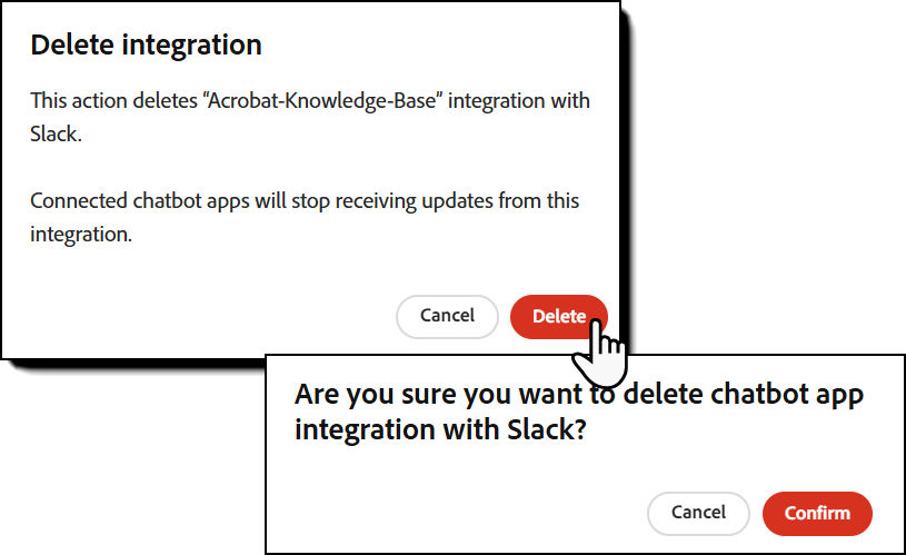 Confirmation dialog warning that deleting the integration stops updates to connected chatbots.