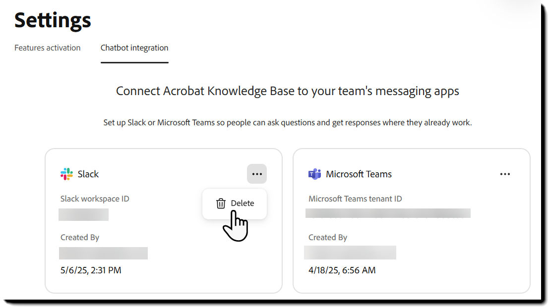 Configured chatbot app integration with the Delete option available.