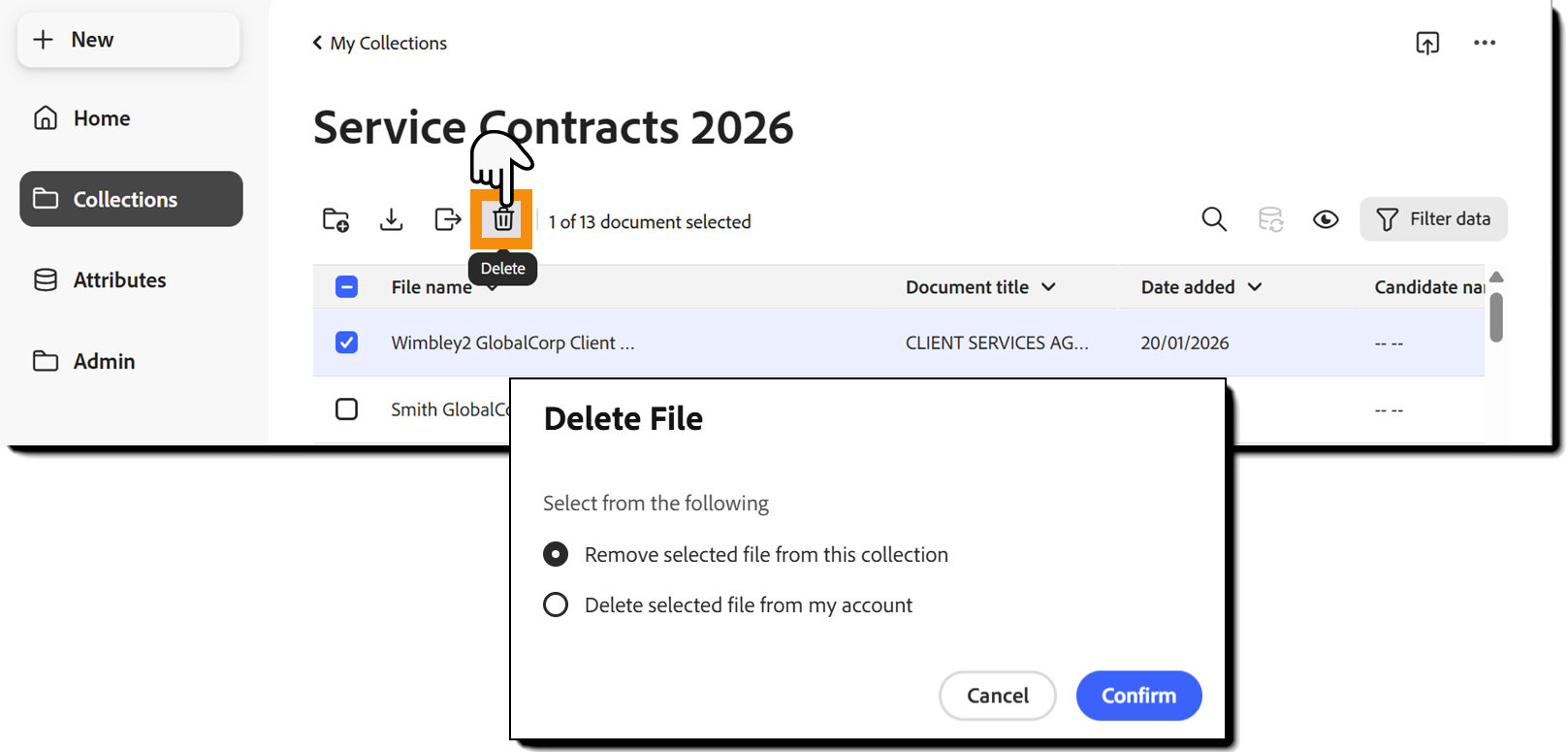 The collection list of files with the Delete button highlighted