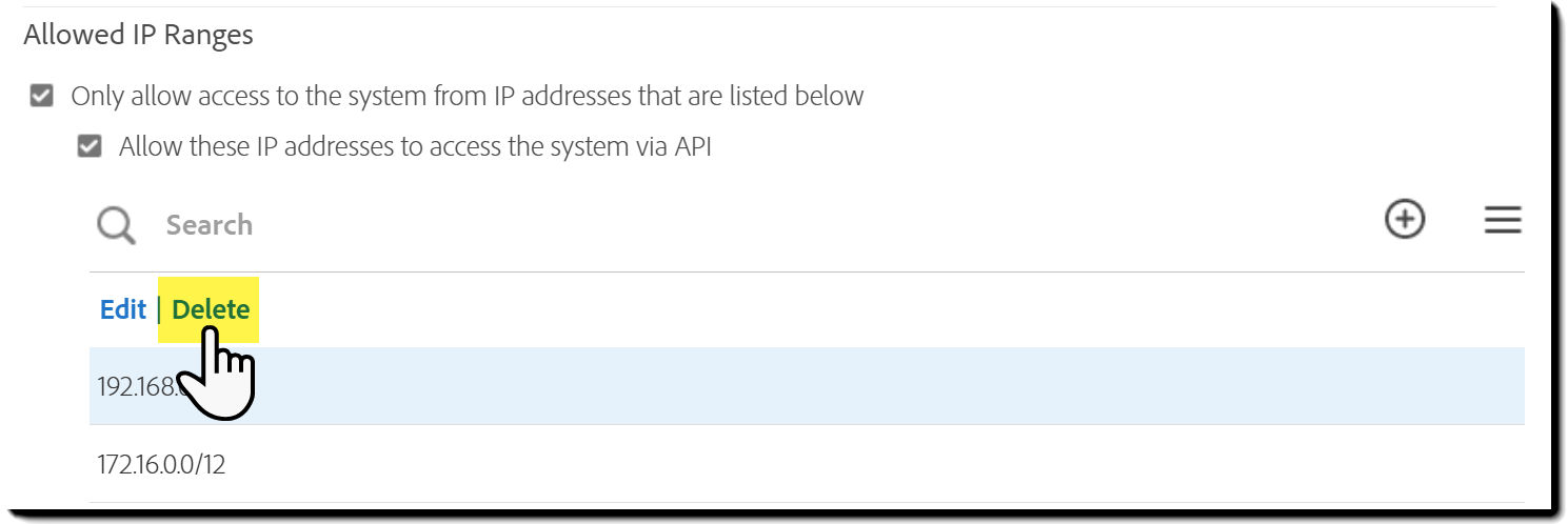 The Allowed IP Ranges control with the Delete action highlighted