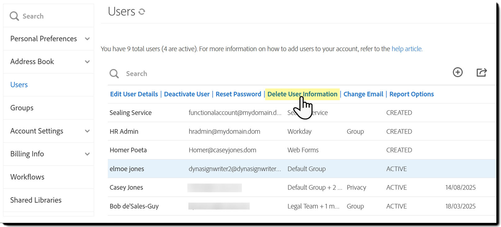 The Users tab with an inactive user options exposed and the Delete User Information link highlighted