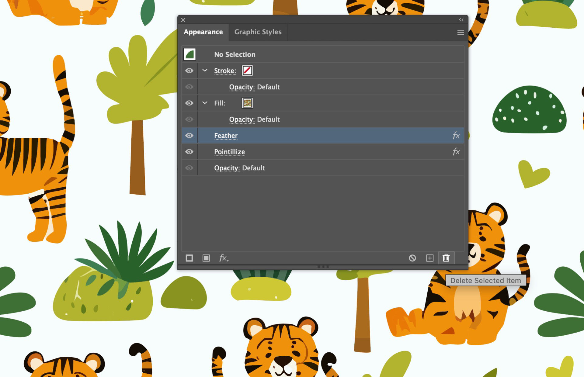 Illustrator Appearance panel showing layer effects with the Delete Selected Item option highlighted.