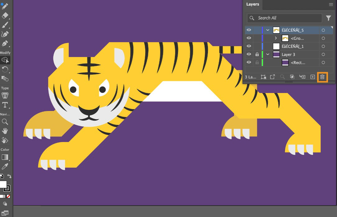 Illustrator interface showing a tiger illustration with the Layers panel open, highlighting the Delete Layer icon to remove a selected layer.