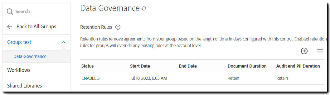 A deleted group showing the Data Governance settings